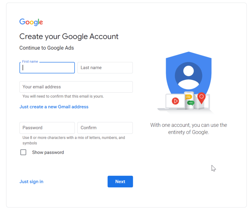 account creation page, provide your first name, last name, and secure password