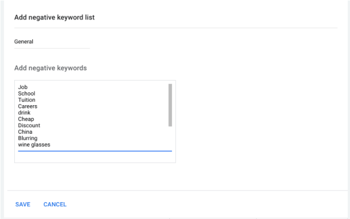 add negative keyword to the list