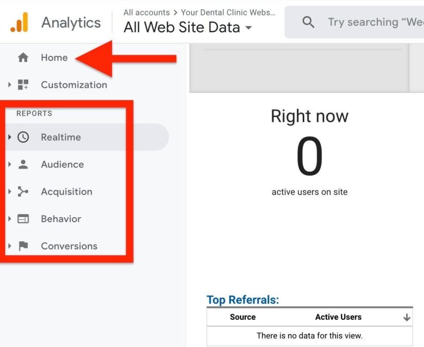 google analytics for dentists reports on left bar