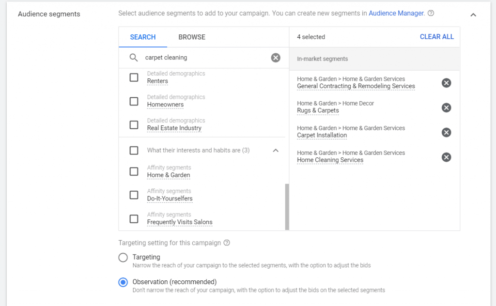 section for adding audience segments