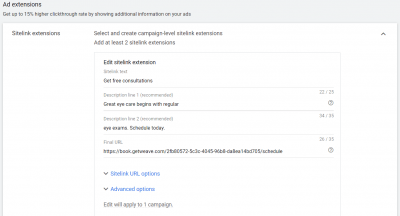 input sitelink text and description