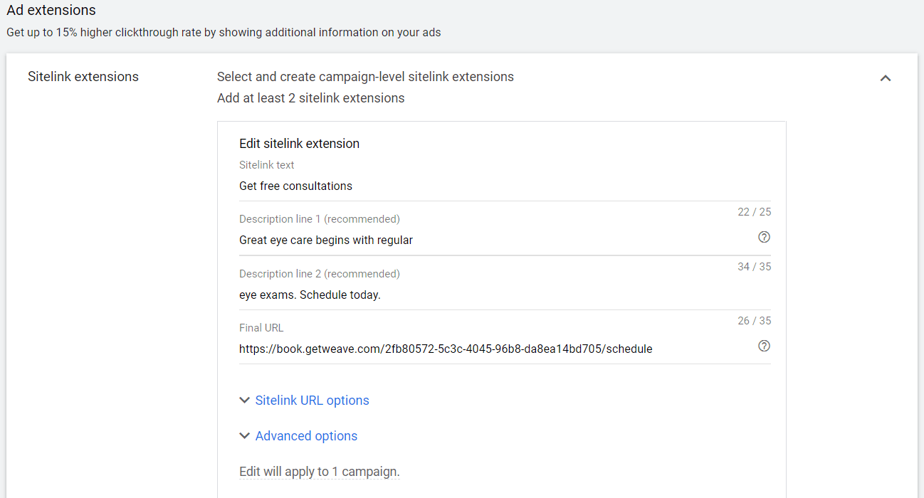 input sitelink text and description