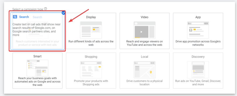 section for selecting campaign type that highlight the search option