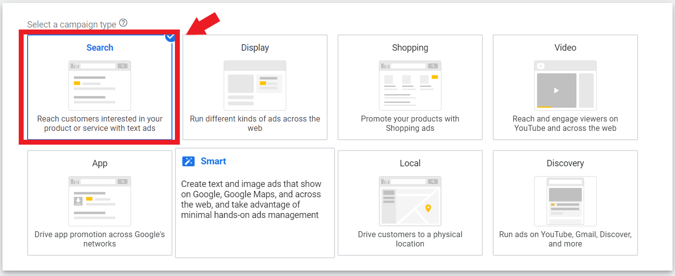 choose search as the type of campaign