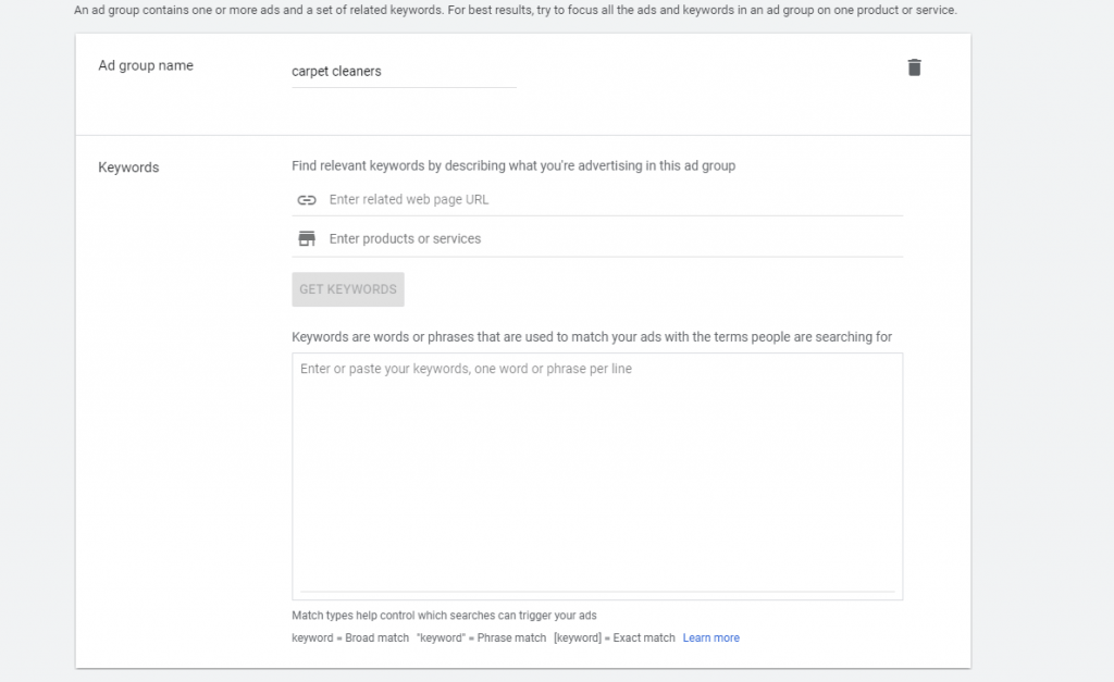 section where the ad group is named "carpet cleaners"