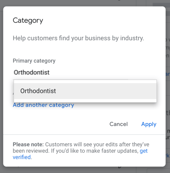 choose your primary category and enter secodary categories for your google my business for orthodintists business profile