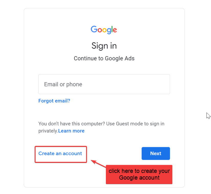 click on create your google account