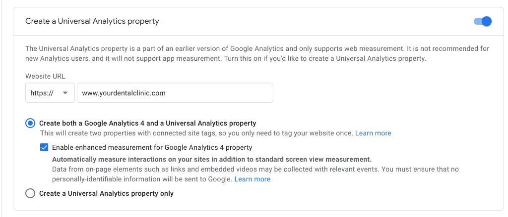 under show more setting create a universal analytics property