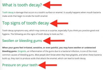 examples of subheading in a dental blog article