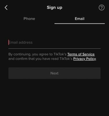 enter the email you want to use to create your tik tok account