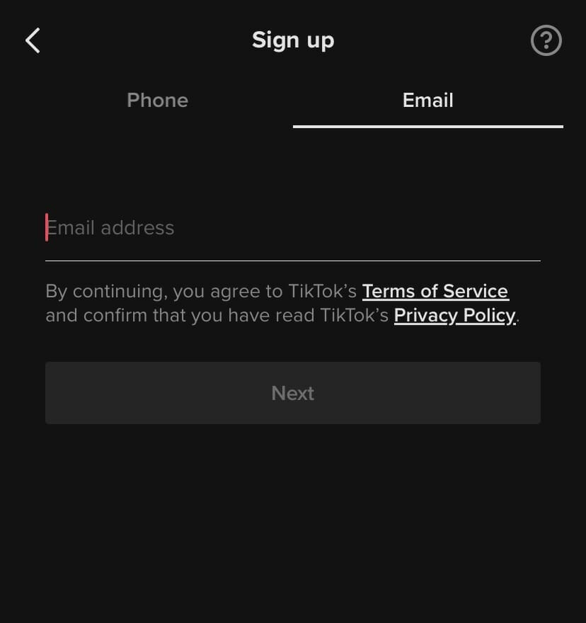 enter the email you want to use to create your tik tok account
