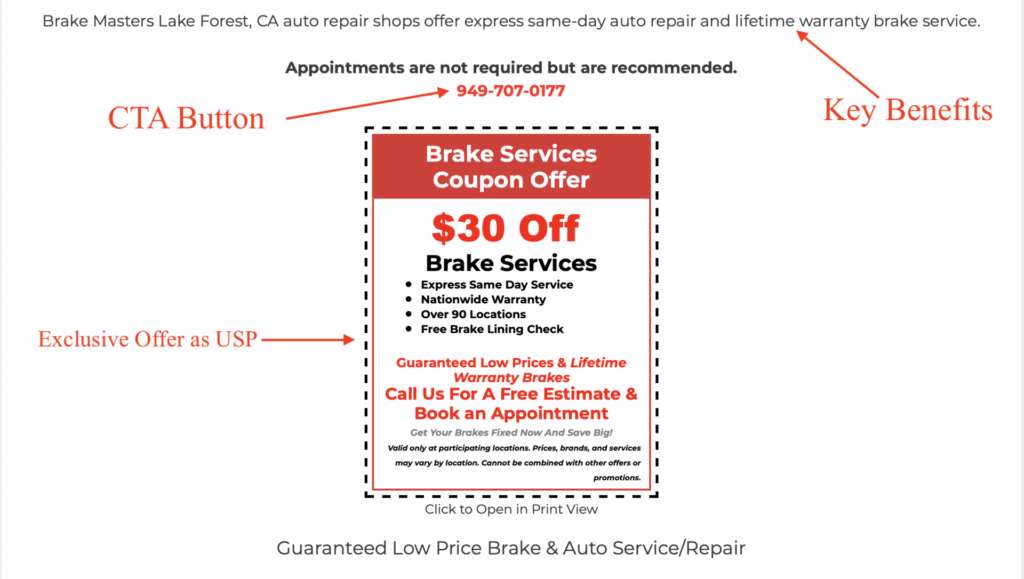 usp and exclusive offer for user on auto repair service