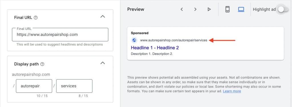 final url and display path for auto repair services