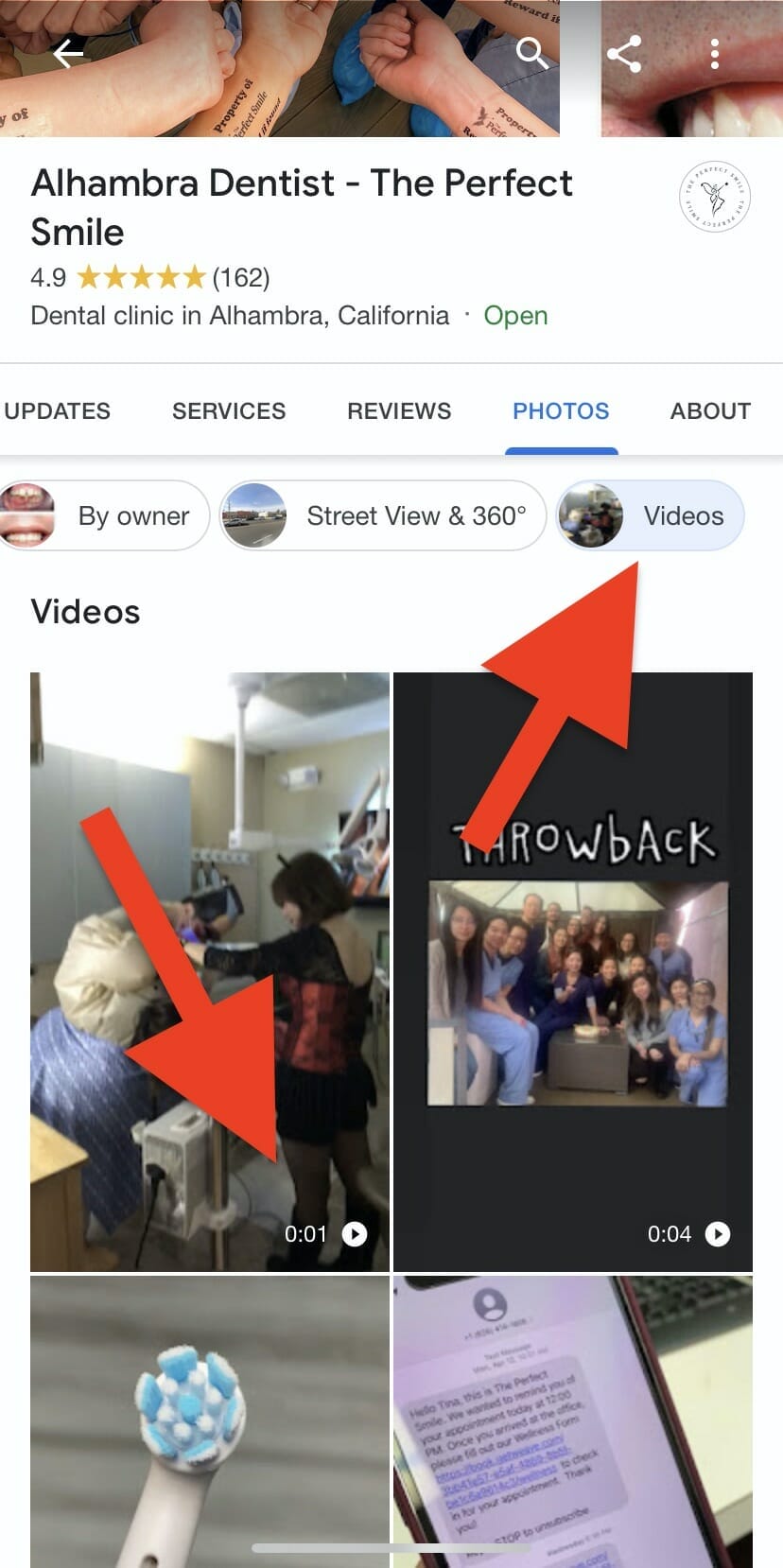 videos posted on a google my business for a dentist clinic