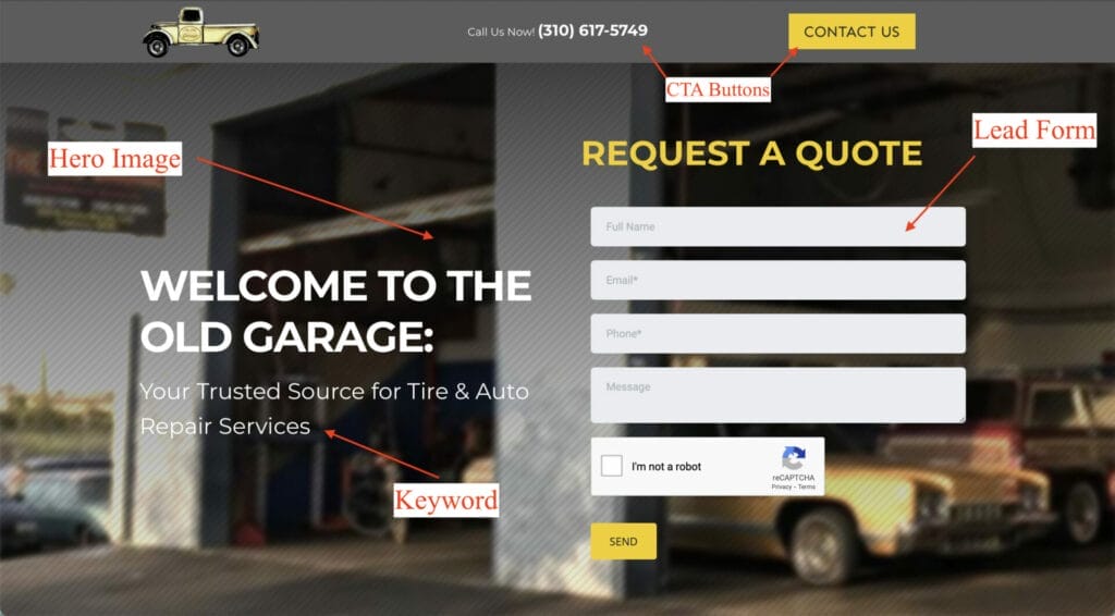 lead form page example for auto repair service