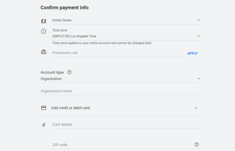 section for filling out your payment info