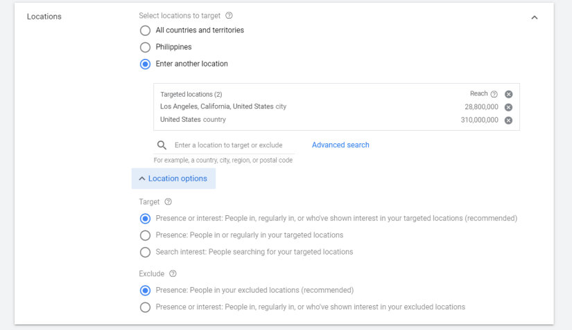 Select the recommended option “people in, or who show interest in, your targeted locations.”