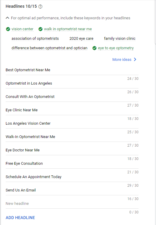 google ads for optometrist sample headline
