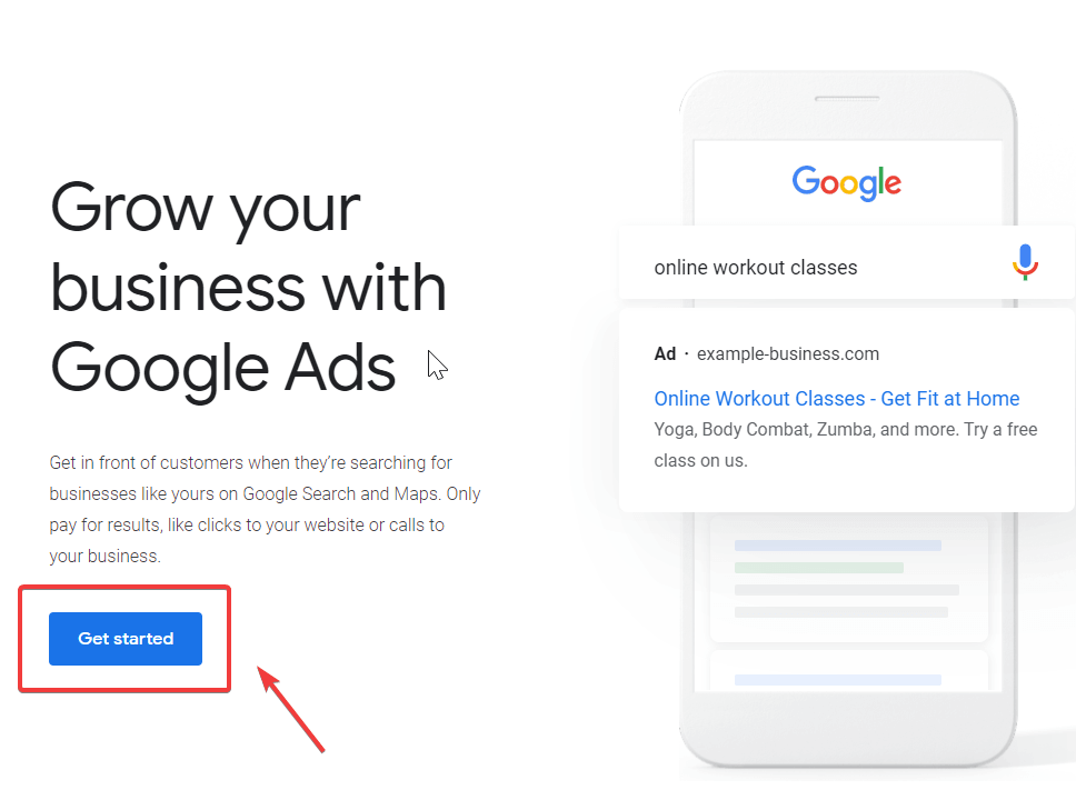 Google Ads Account creation "Get started"