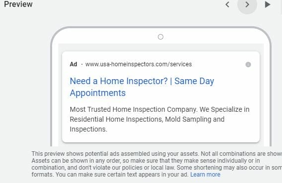 google ads for home inspectors mobile preview