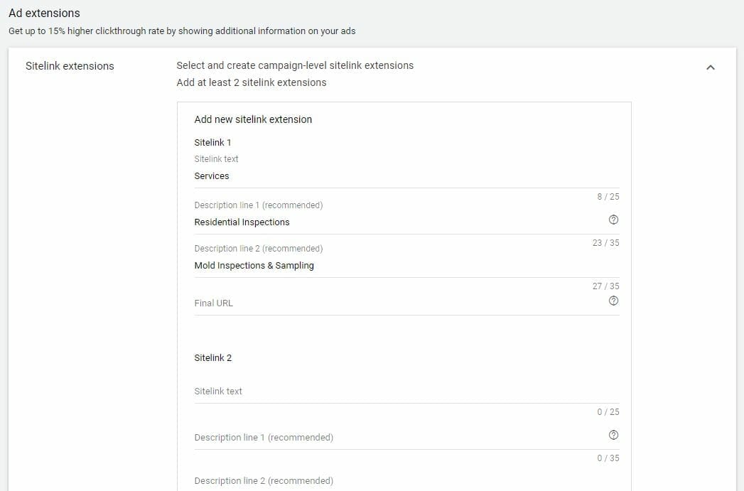 ppc sitelink extensions home inspector