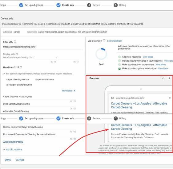 preview of your Google ads campaign