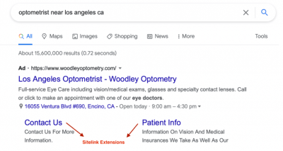 sample sitelink for google ads for optometrists