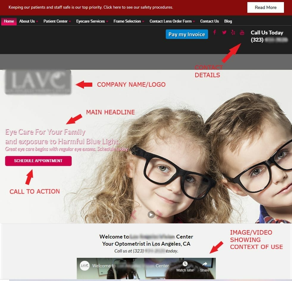 sample landing page for an optometry website