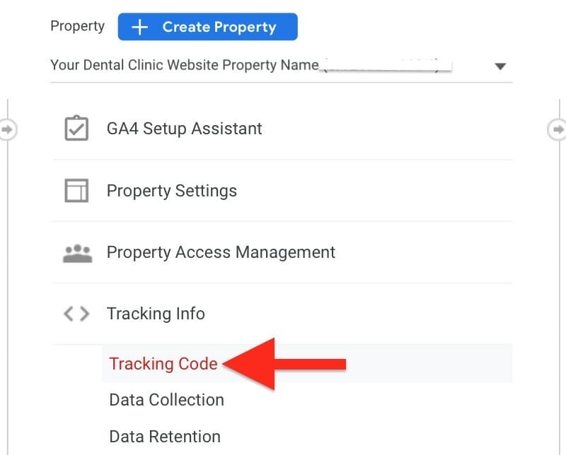 under the property section, tracking info, click on tracking code. 