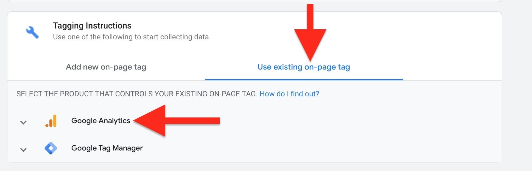 click on use existing on page tag and click on google analytics