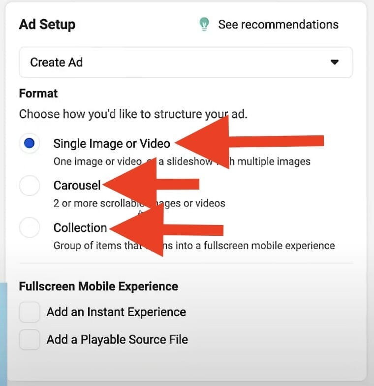 for your ad setup choose the format for your ads