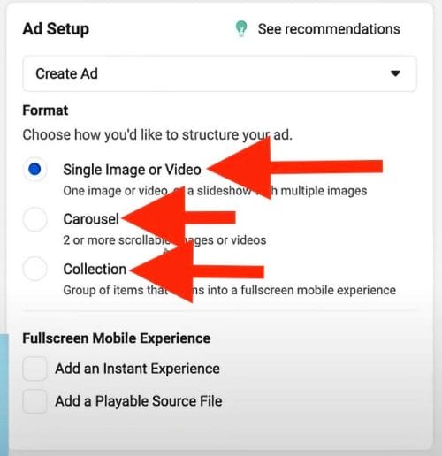 for your ad setup choose the format for your ads