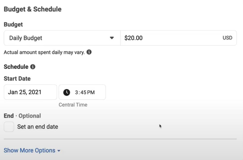 set nyour budget and schedule for your facebook retargeting ads for dental clinics
