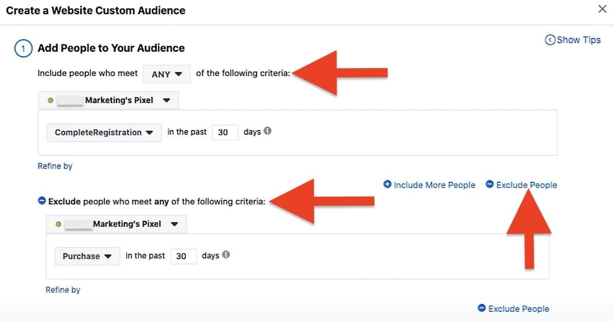 from the audiences you created, choose who you want to include and who you want to exclude.