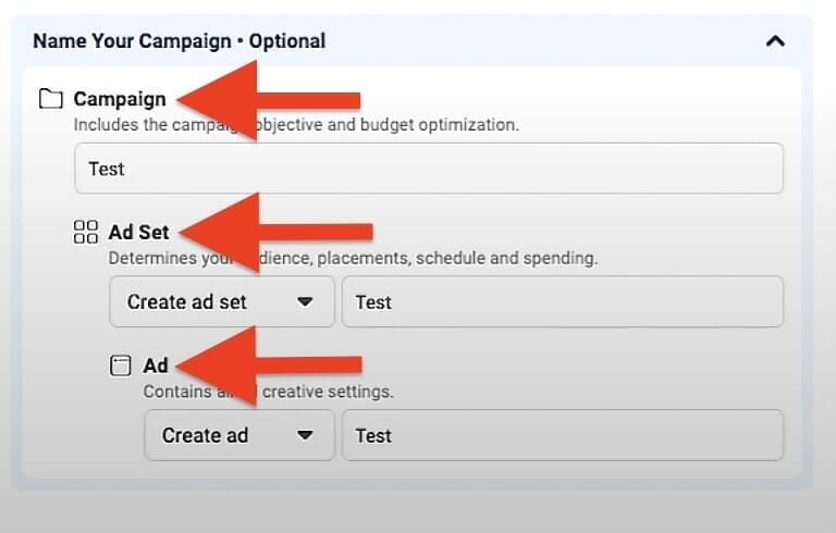 create a campaign name and ad set