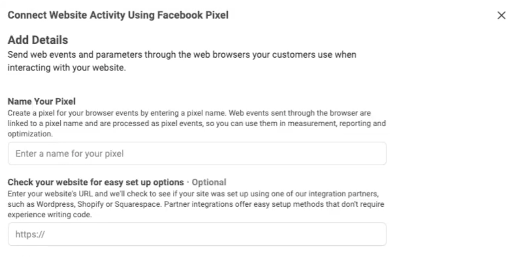 Create a Pixel name and enter details