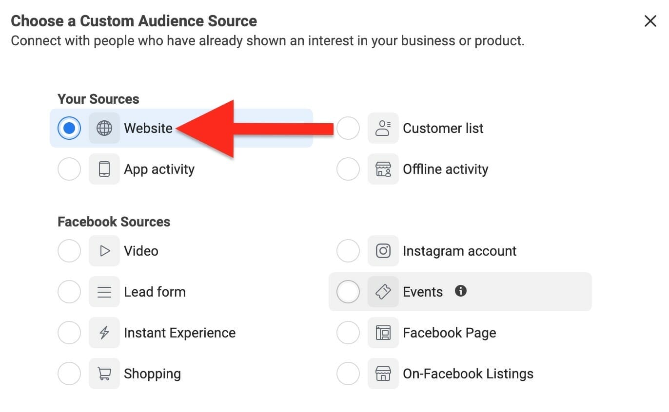 choose website as your custom audience source