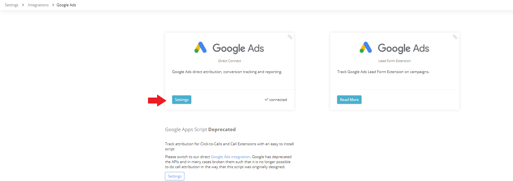 Google Ads Integration Settings