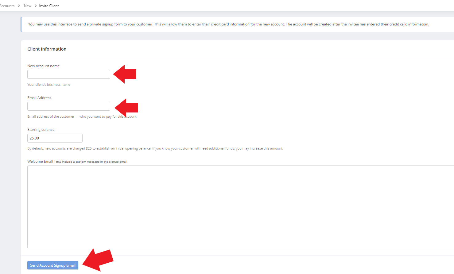 Fill out need information for the new client