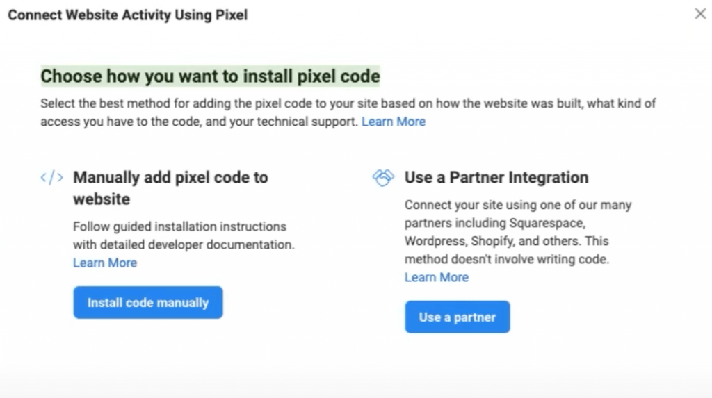 choose how you want to install your pixel code