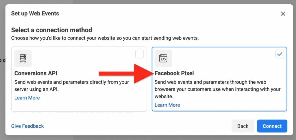 select facebook pixel as connection method