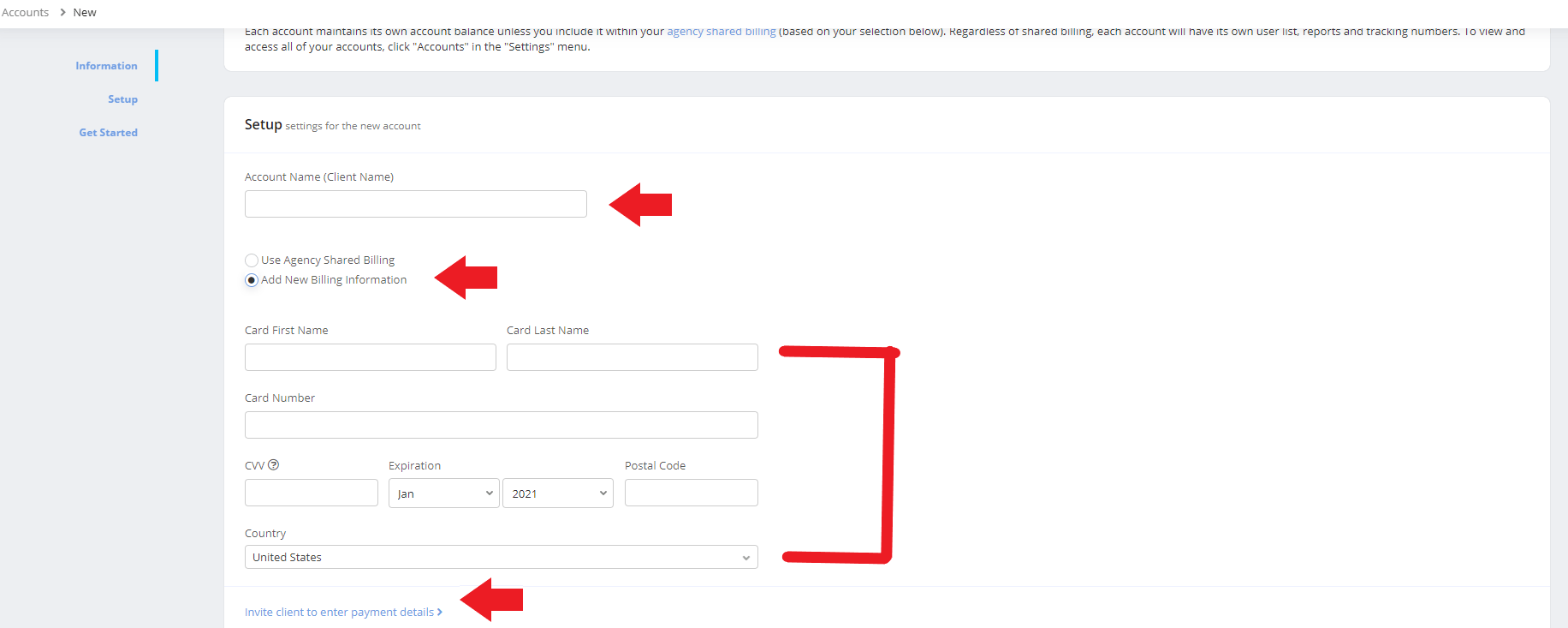 Click Add new billing and enter card details of new client