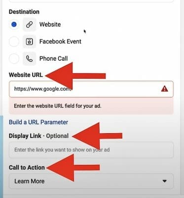 enter your website url and choose your call to action. your display link is optional.