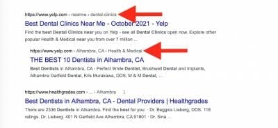 yelp search results when searching for "best dentists near me"