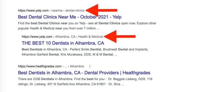yelp search results when searching for "best dentists near me"