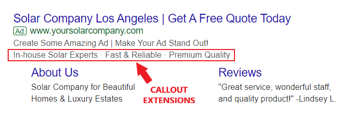 callout extension sample for solar ad campaign
