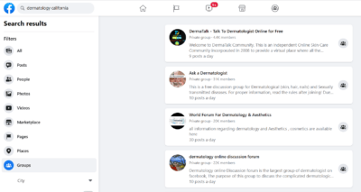 search results when searching for dermatology related groups in Facebook