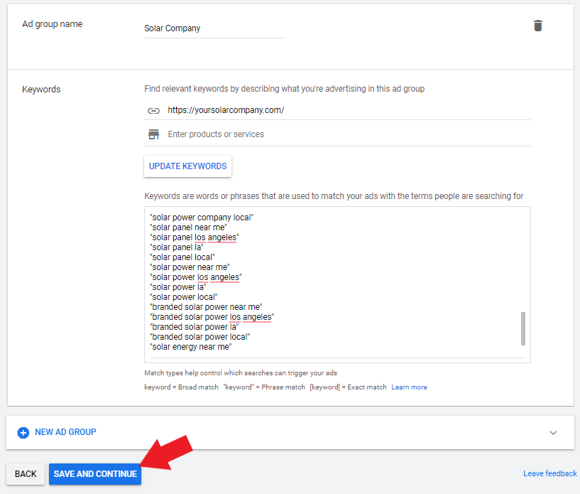 copy paste the keywords then click save and continue