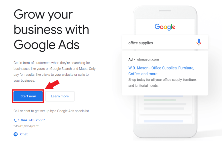 preview of google ads homepage