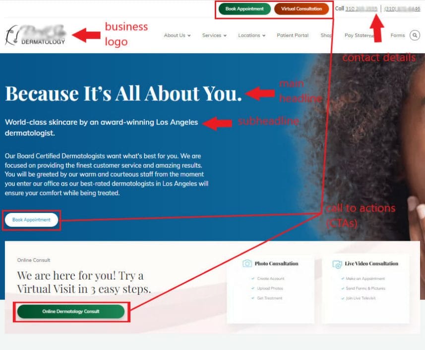landing page essentials for dermatology website